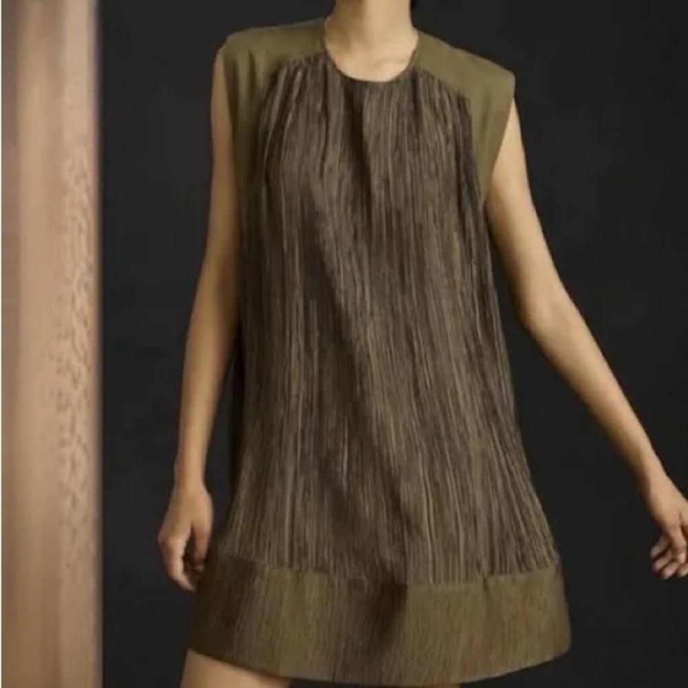 Anthropologie Moss Green Cap Sleeve Plisse Mini Dress Size S